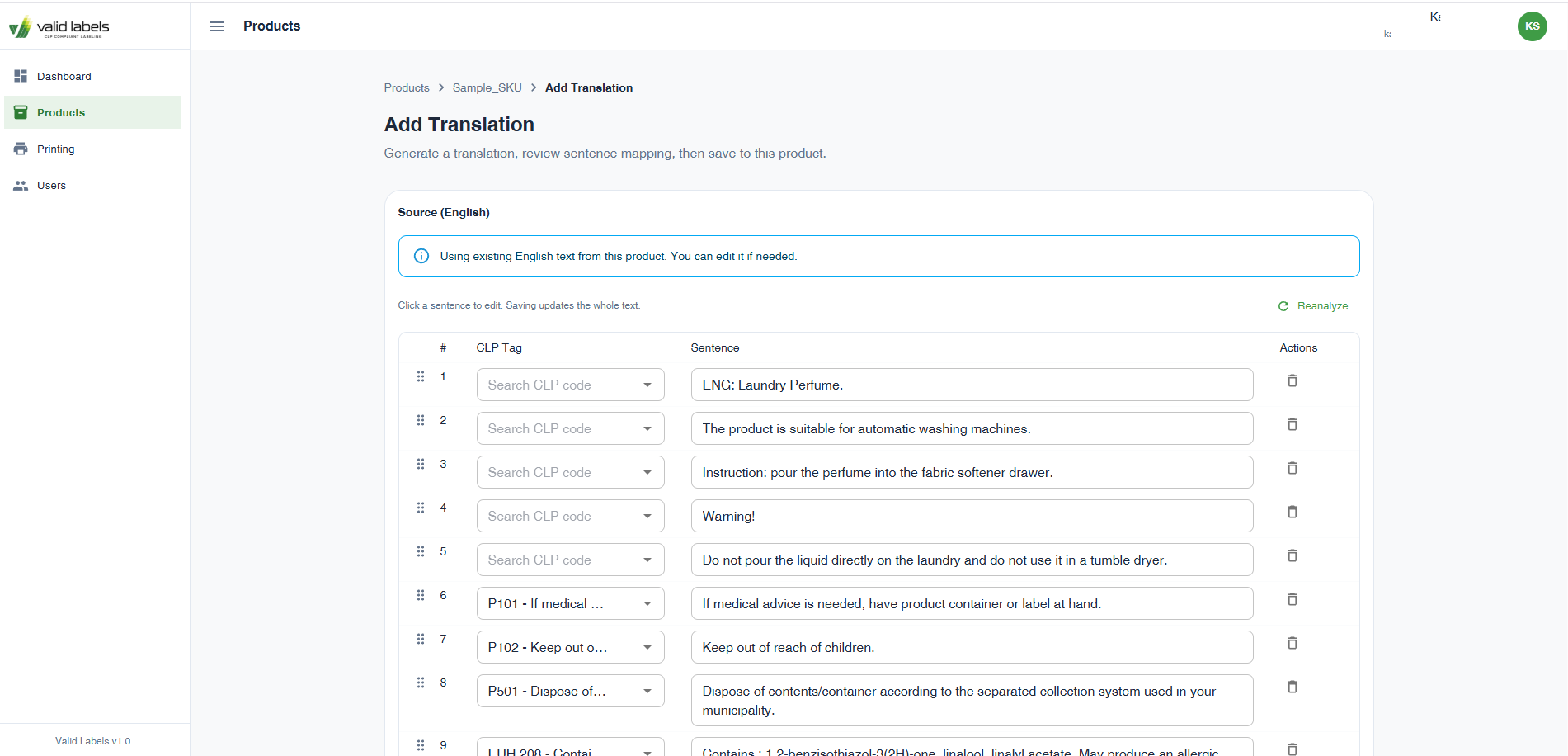 Przepływ pracy Dodaj tłumaczenie w ValidLabels — mapowanie zwrotów CLP na poziomie zdania wspomagane przez AI